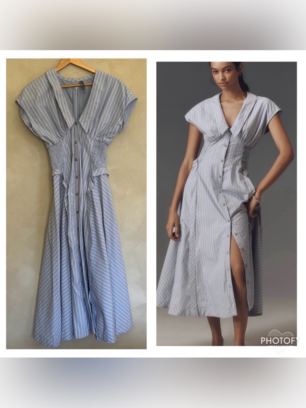 Anthropologie light blue striped button front midi dress